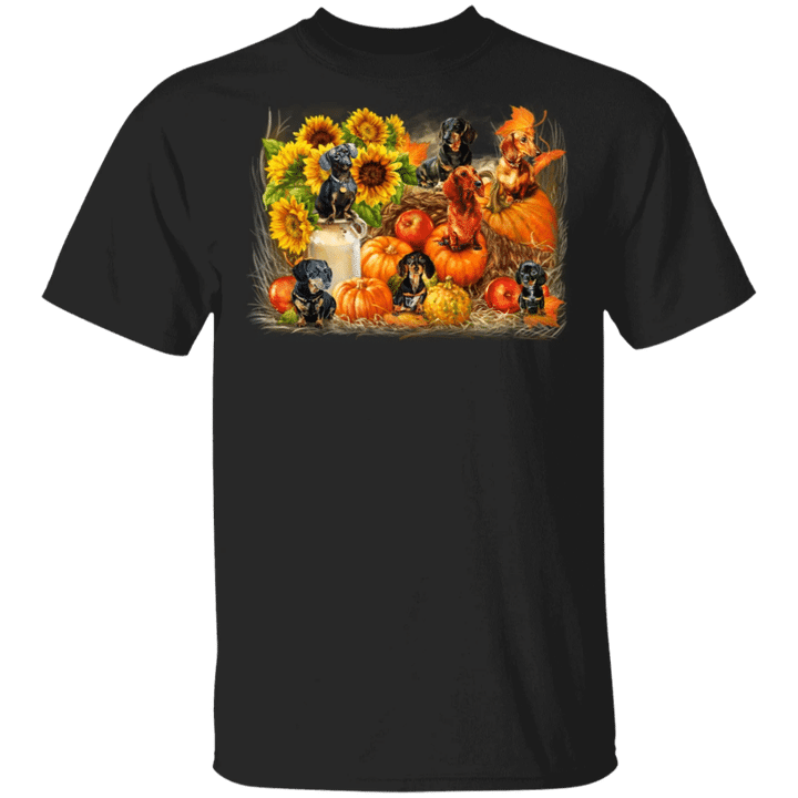 Dachshunds With Pumpkins Sunflower Autumn T-Shirt Mid Autumn Festival Shirt Dachshund Merch