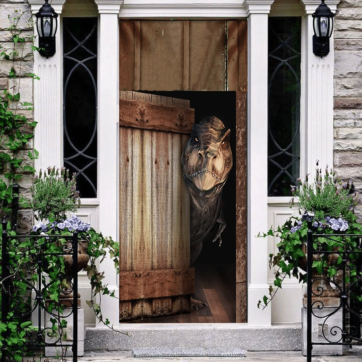 T-Rex Vintage Wood Door Cover Christmas Front Door Decor Gift For Dinosaur Lover