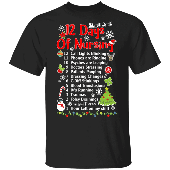 12 Days Of Nursing Shirt Nurse Christmas Funny Graphic Tee Christmas Gift For Nurse