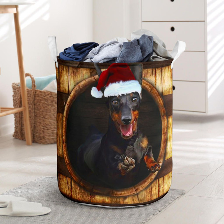 Dachshund Wood Pattern 3D Laundry Basket Funny Dog With Santa Hat, Xmas Gifts For Dog Lovers