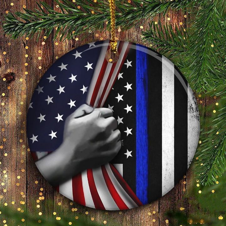 Thin Blue Line Inside American Flag Ornament Honor Law Enforcement Gift For Cops Xmas Decor