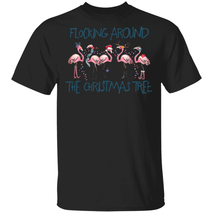 Flamingos Flock Around The Christmas Tree Shirt Unisex Christmas T-Shirt For Family