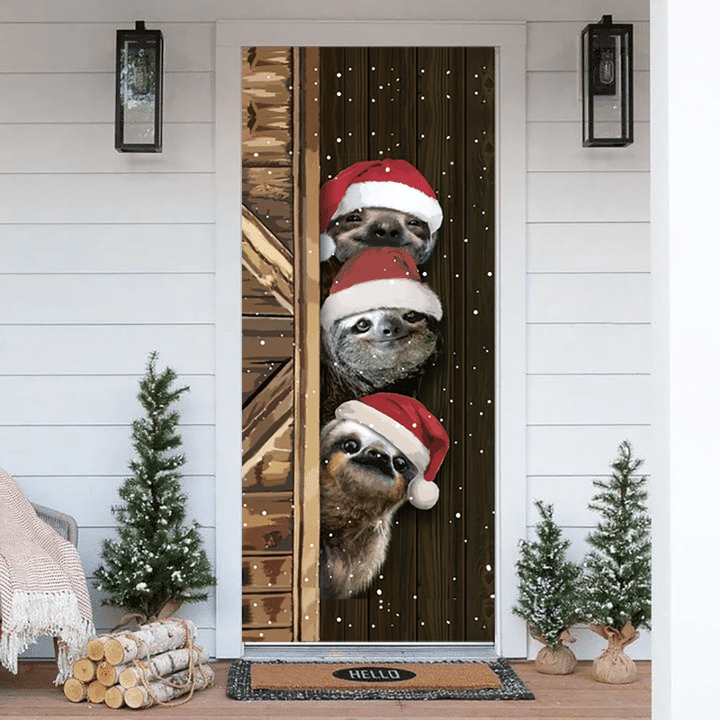 Three Sloth Christmas Door Cover Snowy Christmas Graphic 3D Home Decor Ideas