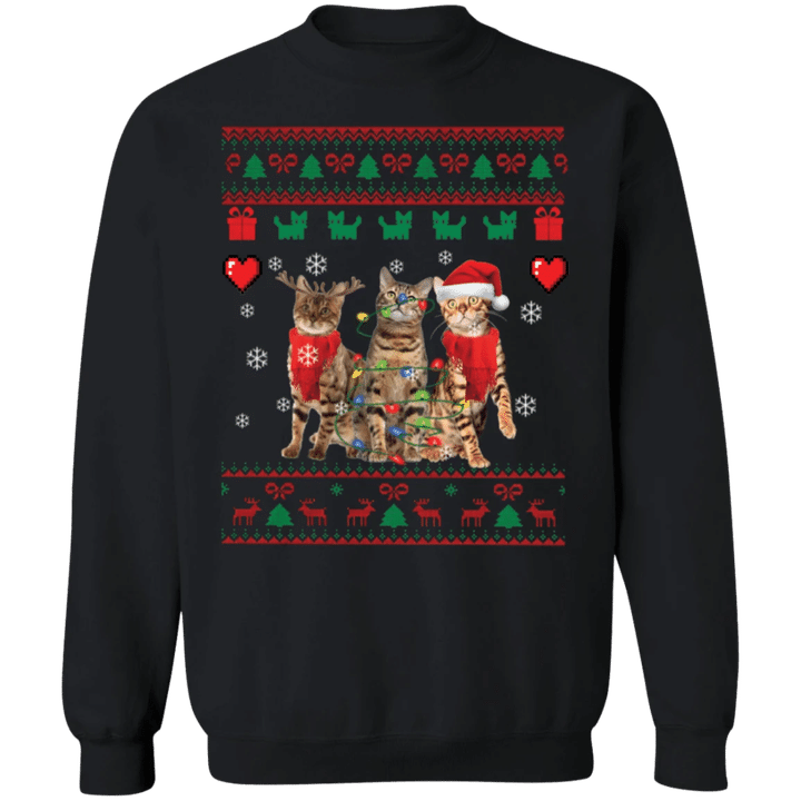 Three bengal Cat Christmas Sweatshirt Wearing Santa Hat Cute Sweatshirt Gift Ideas For Her