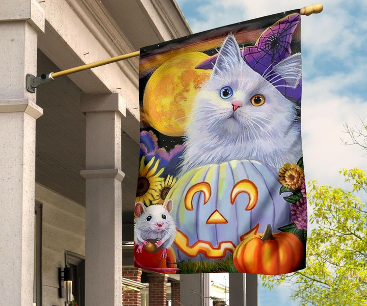Adorable Cat With Mouse Happy Halloween Flag Festive Autumn And Fall Flags Gifts For Cat Lovers
