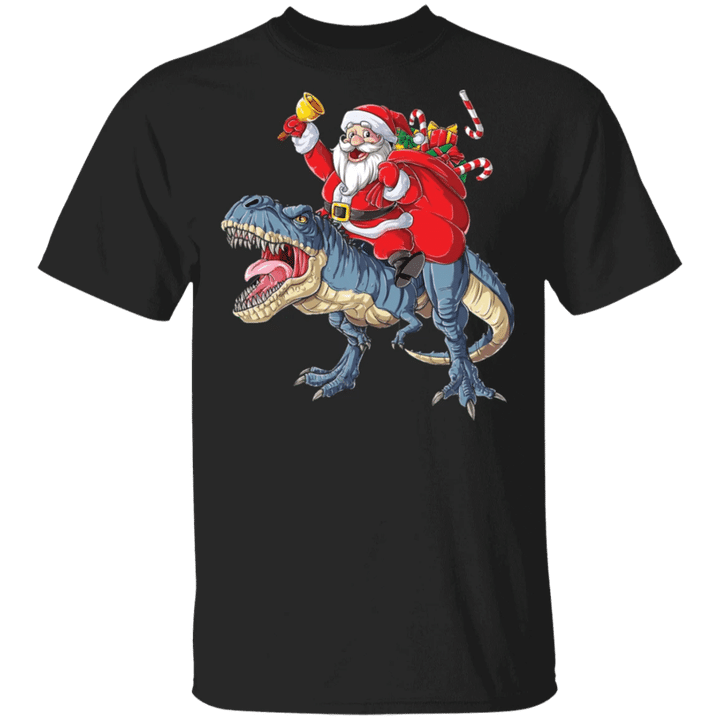 Santa Claus Riding Dinosaur T-Shirt Funny T-Rex Christmas Graphic Tee Cute Shirt For Teen
