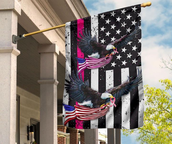 Breast Cancer Awareness Flag Eagle With American Flag Pink Ribbon Decorative For Garden