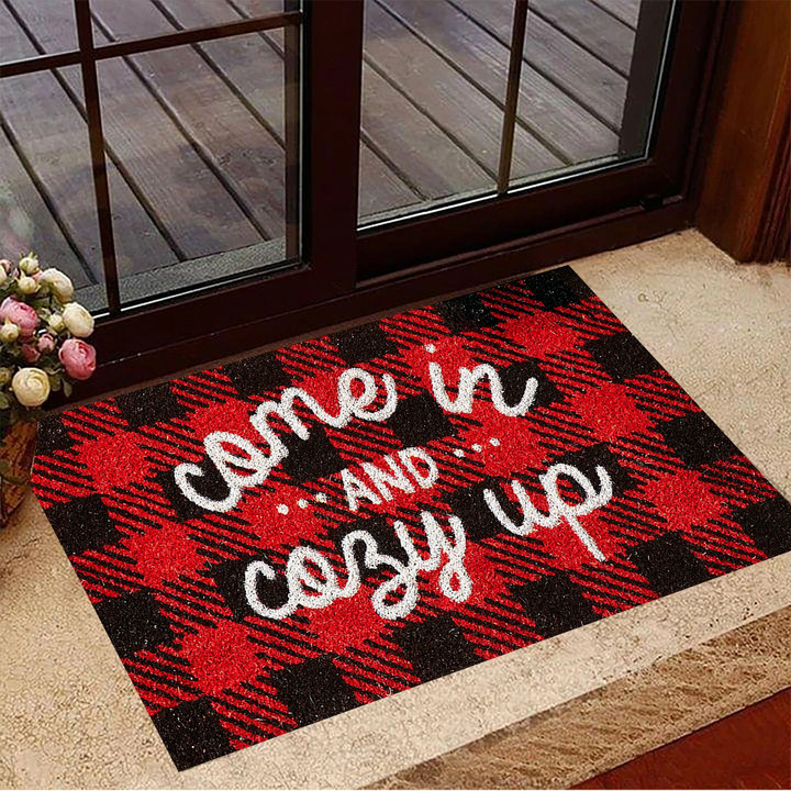 Come In And Cozy Up Doormat Red And Black Tartan Plaid Vintage Season Indoor Decor Friend Gifts