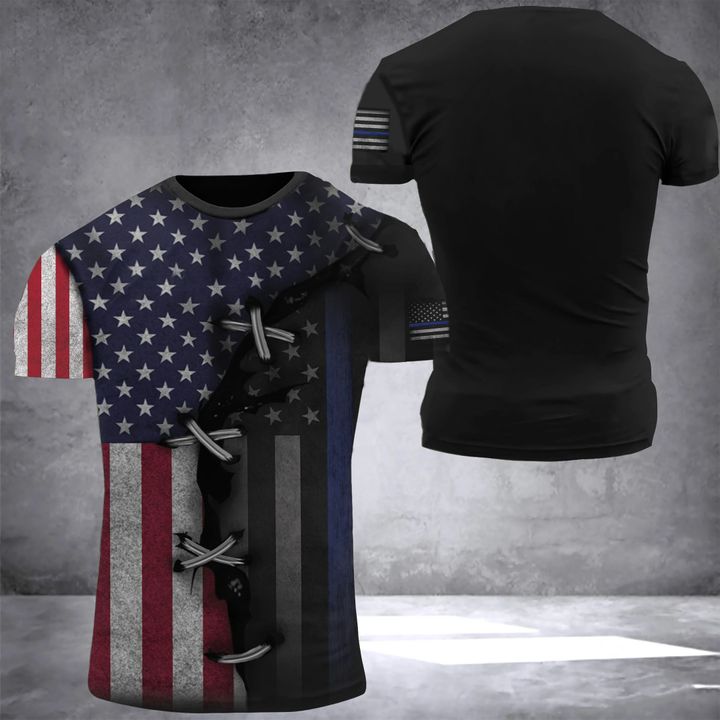 Thin Blue Line And U.S Flag T-Shirt Old Retro 3D Print Police Fathers Day Gifts