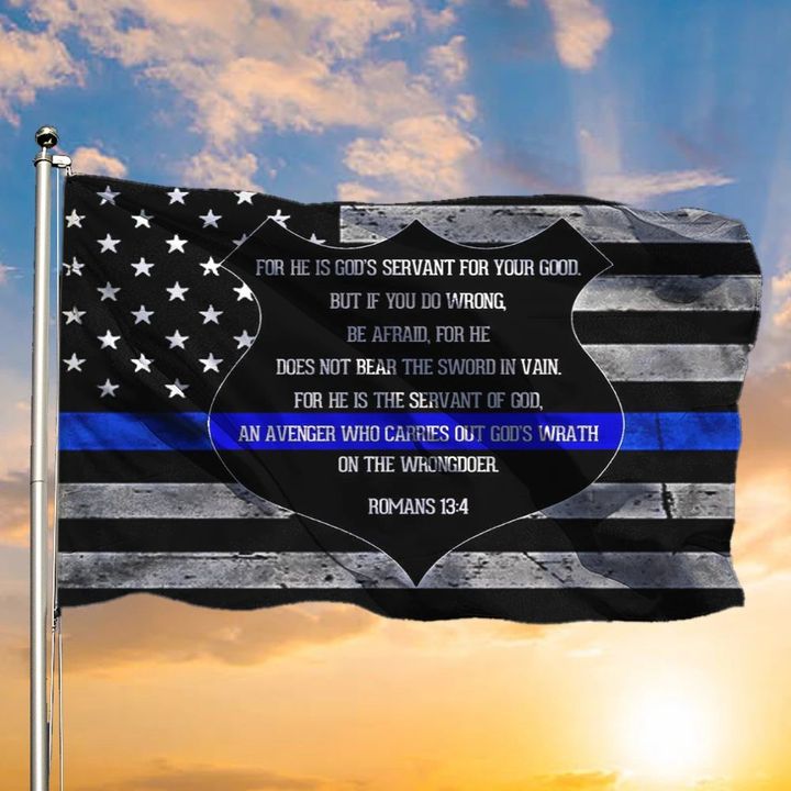 Thin Blue Line American Flag Romans 13 4 Flag For Christian Front Door Decor Gift For Cops