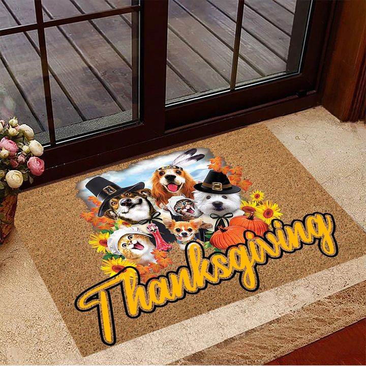 Pilgrim And Indian Dog Selfie Doormat Adorable Animal Thanksgiving Doormat Gifts For Pet Lovers