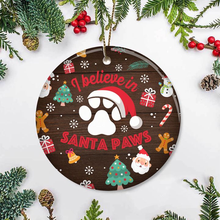 I Believe In Santa Paws Christmas Ornament Adorable Paw Santa Hats Circle Ornament Xmas Decor