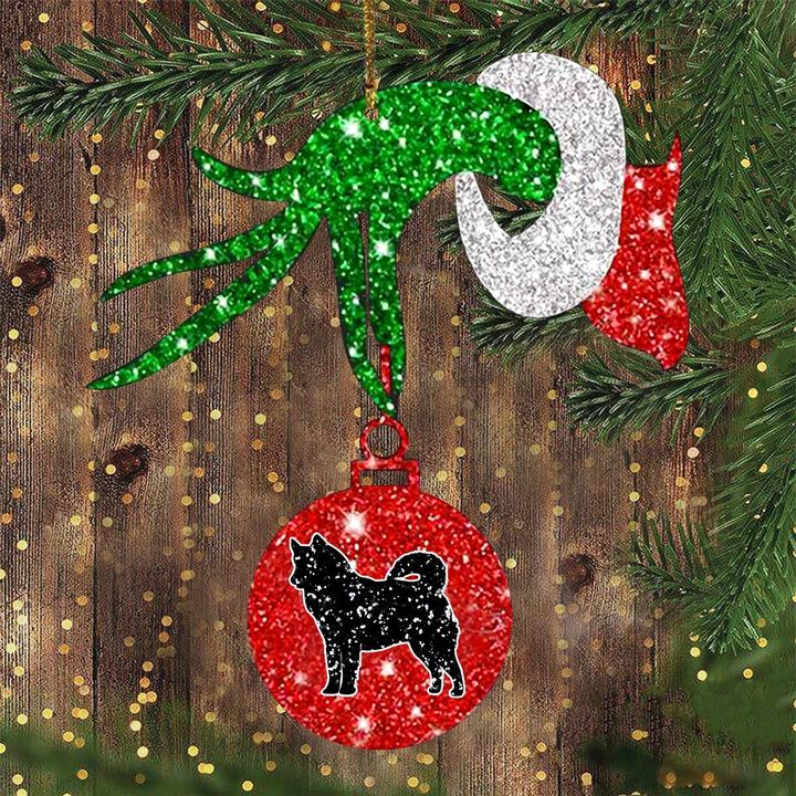 Husky Green Hand Holding Ornament Red Glitter Ball Ornament Sets Gift For Dog Owner