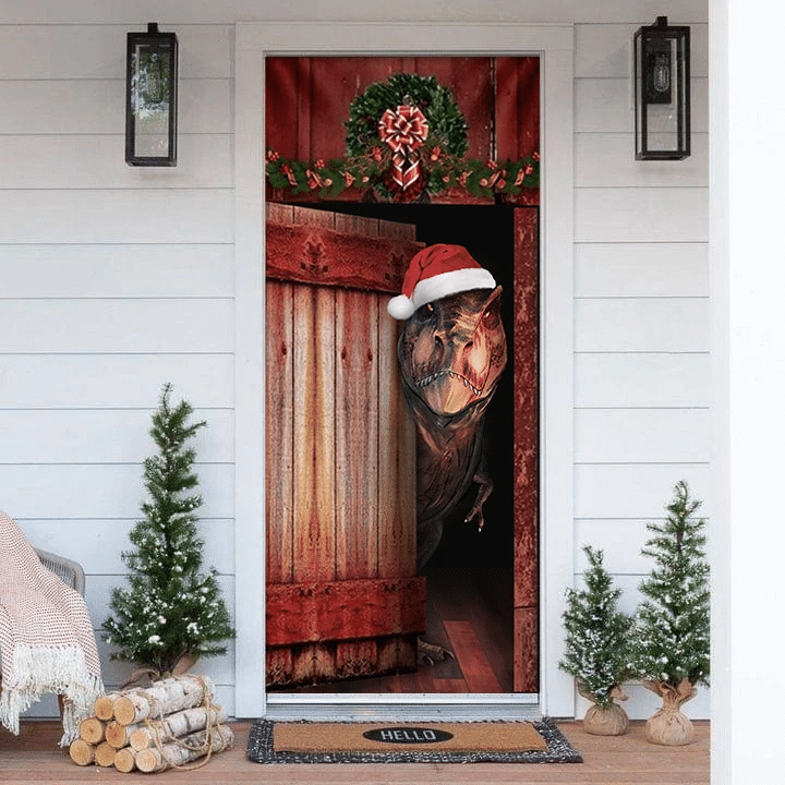 T-Rex Santa Hat Christmas Door Cover Funny Dinosaur Door Decor New Home Gift For Dinosaur Lover