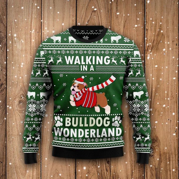 Walking In A Bulldog Wonderland Sweatshirt Funny Dog Ugly Christmas Sweater Winter Gift