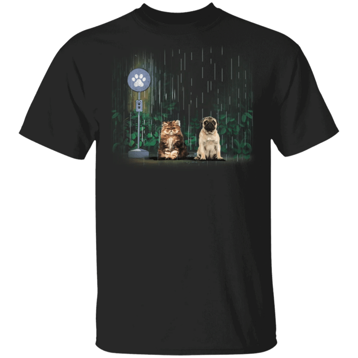 Cat And Pug Under The Rain T-Shirt Cute Animal Cat Lover Pug Shirt Women Apparel For Dog Lovers