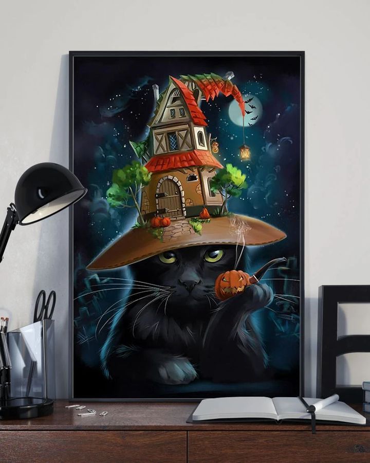 Spooky Castle With Black Cat Halloween Poster Wall Art Prints For Halloween Party Decor