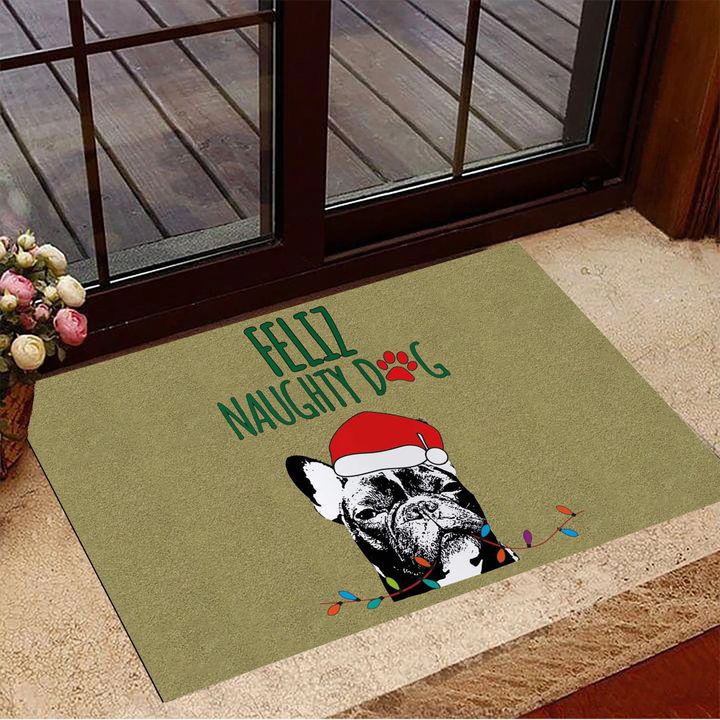 French Bulldog Feliz Naughty Dog Doormat Cool Paw Santa Hat Christmas Doormat Seasonal Decor