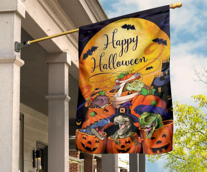 Funny T-Rex With Pumpkin Moon Happy Halloween Flag Home Halloween Decorations For Sale