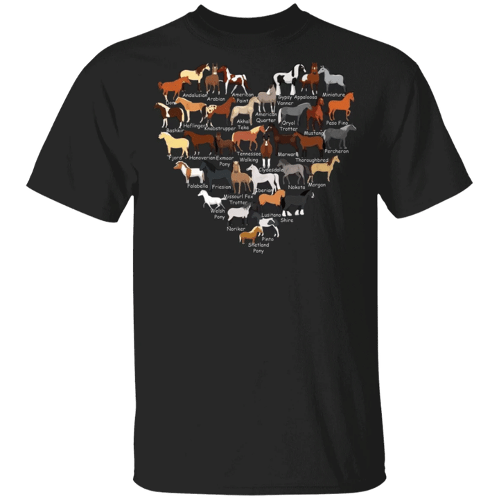 Heart Loves Horse Breeds T-Shirt Love Horse Faces Shirts Graphic Tee Gifts For Horse Lovers