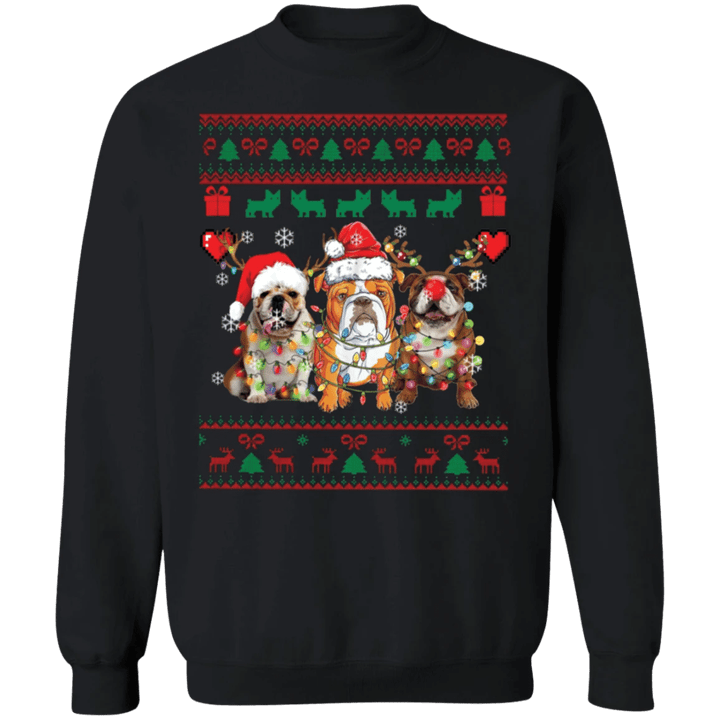 Bulldog Christmas Sweatshirt Wear Santa Hat And Antlers Christmas Tree Light Xmas For Women