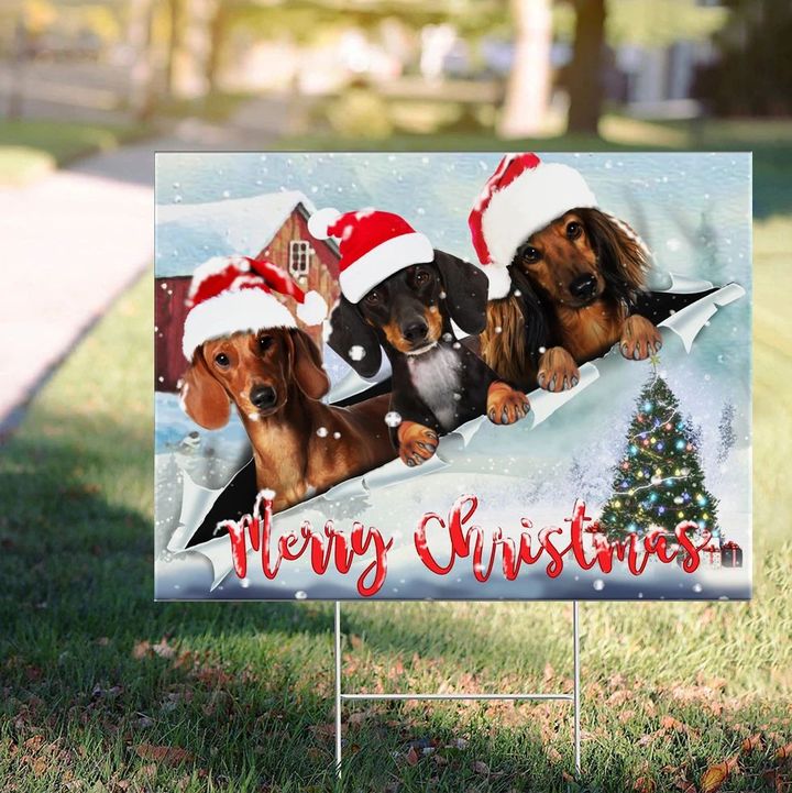 Dachshund Merry Christmas Yard Sign Dog Inside Hole Mid Torn Christmas Yard Decorations
