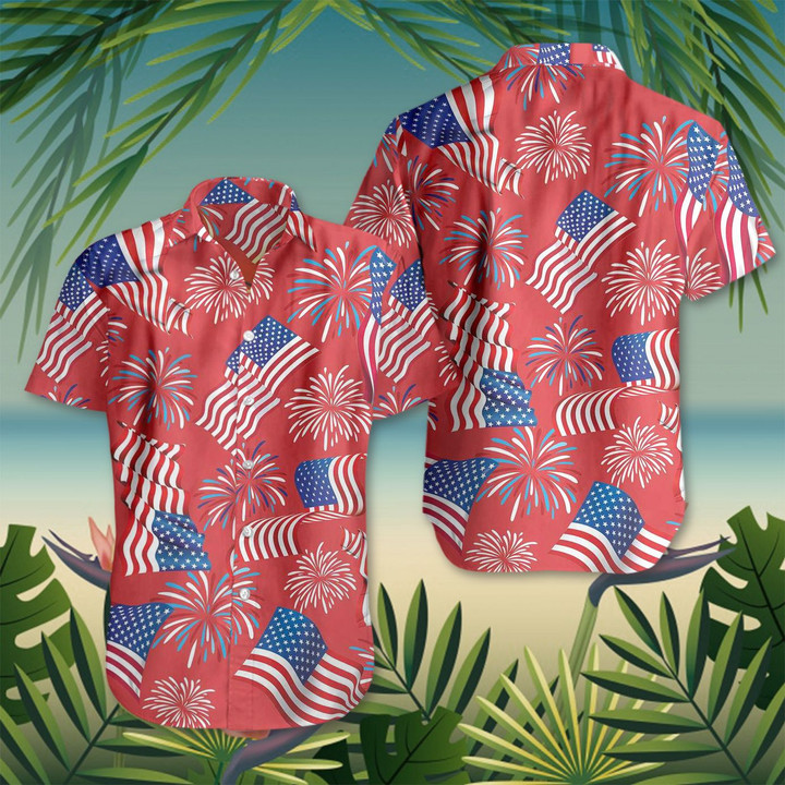 American Flag Firework Hawaii Shirt 4th Of July Patriotic Hawaiian Shirt Summer Gift Ideas