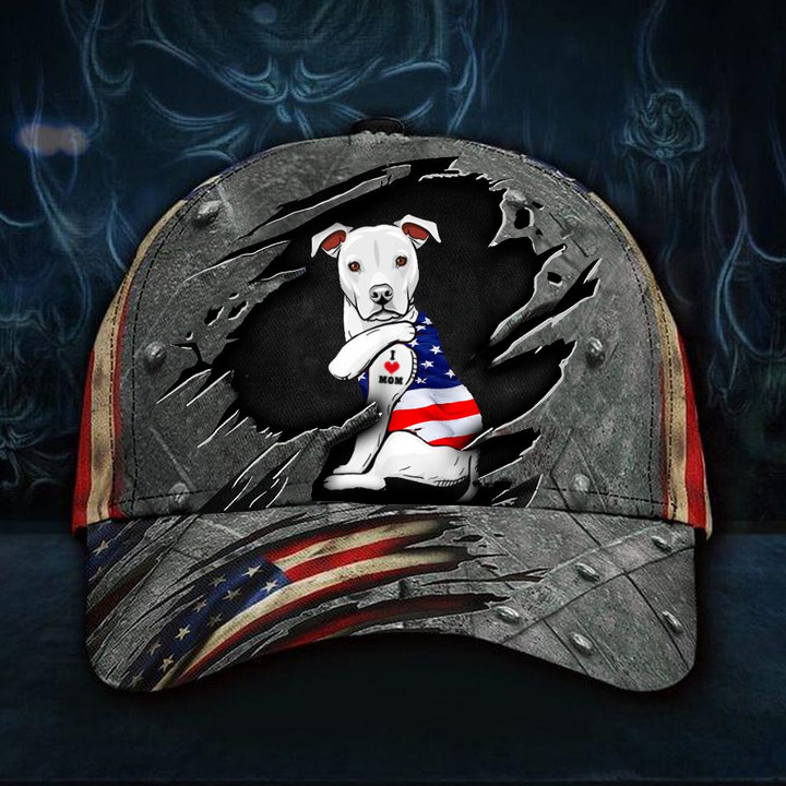Staffordshire Terrier With USA Flag Cap I Love Mom Hat Gifts For My Mom
