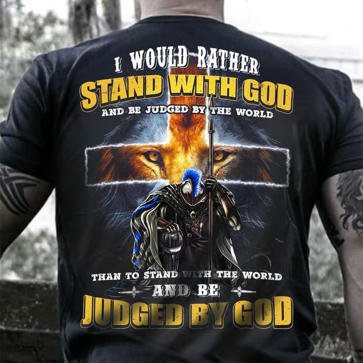 Warrior Blue Line I Would Rather Stand With God Shirt Mens Best Fathers Day Presents 2023
