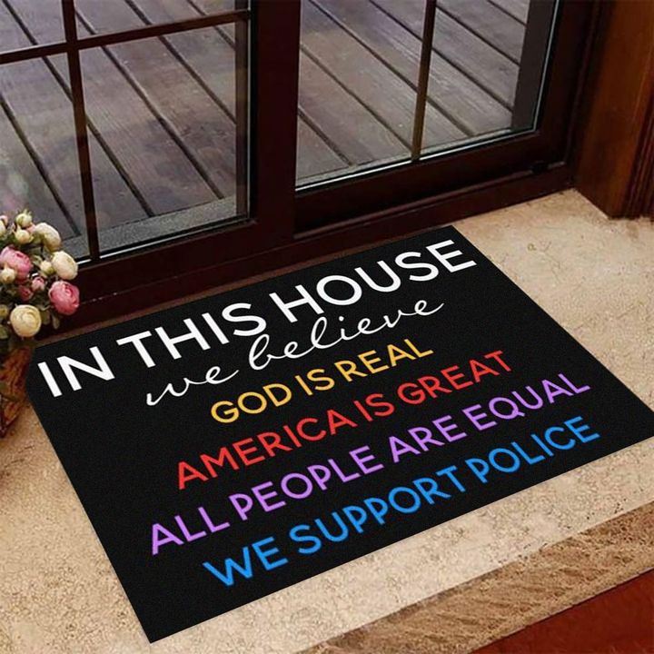 In This House We Believe God Support Police Doormat Sayings Faith Back The Blue Indoor Mat