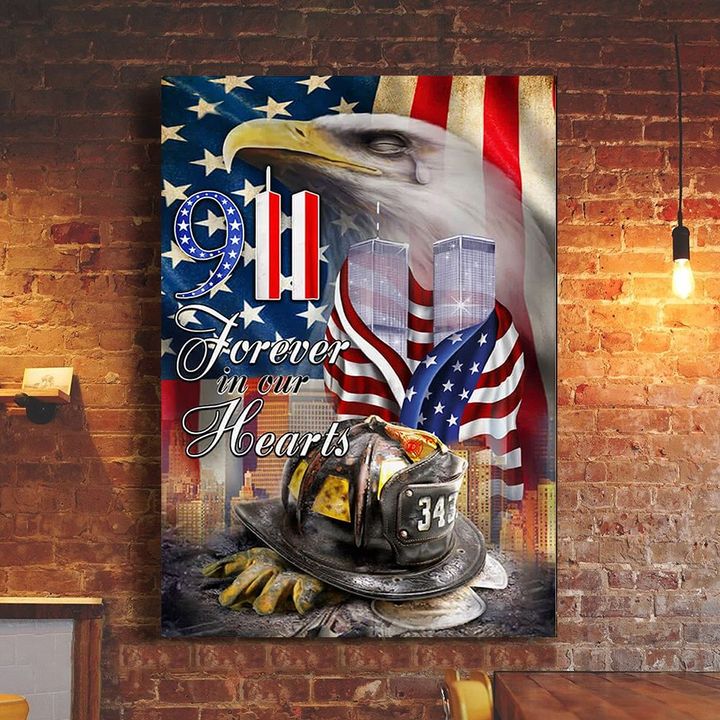 343 Firefighters 9 11 Forever In Our Heart Poster Eagle USA Flag Fireman Memorial Wall Hanging