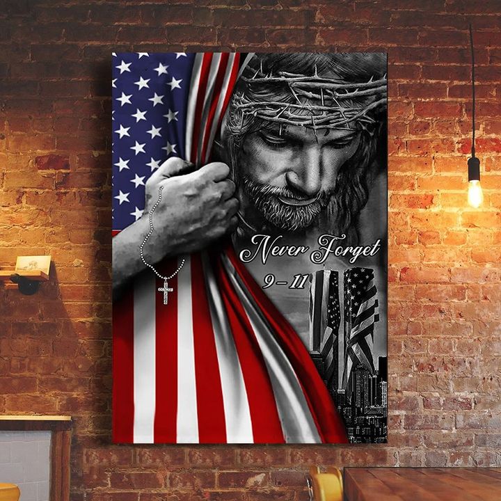 Jesus Christ Never Forget 9-11 USA Flag Poster Patriot Day Memorial Christian Decorations