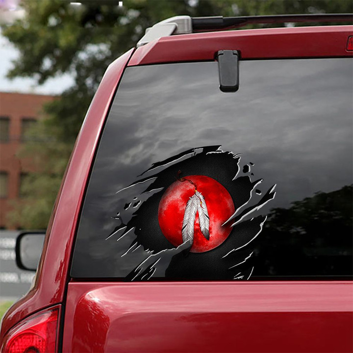 Native American Decal Car Sticker Red Moon And Feathers Decal Car Automotive Decor