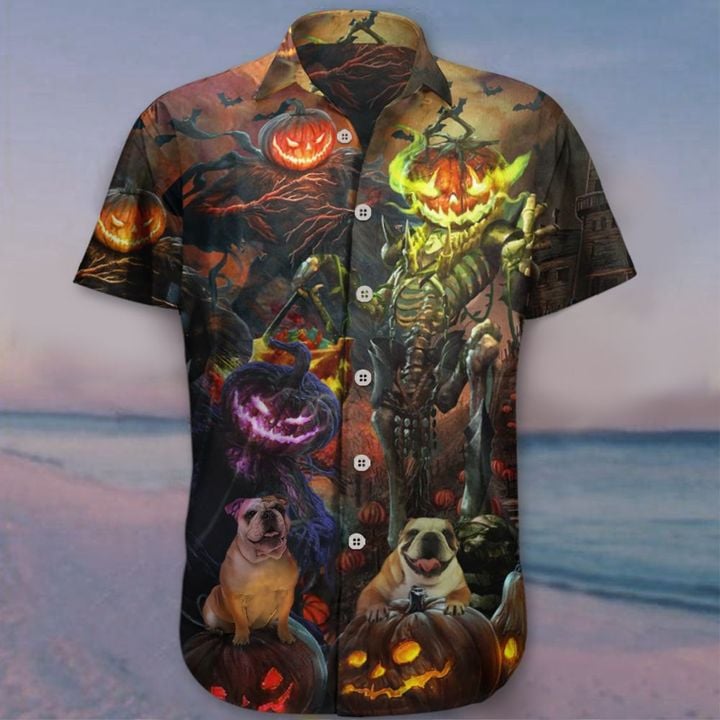 Bulldog Pumpkin King Halloween Hawaiian Shirt Dog Graphic Tee Halloween Teacher Gift
