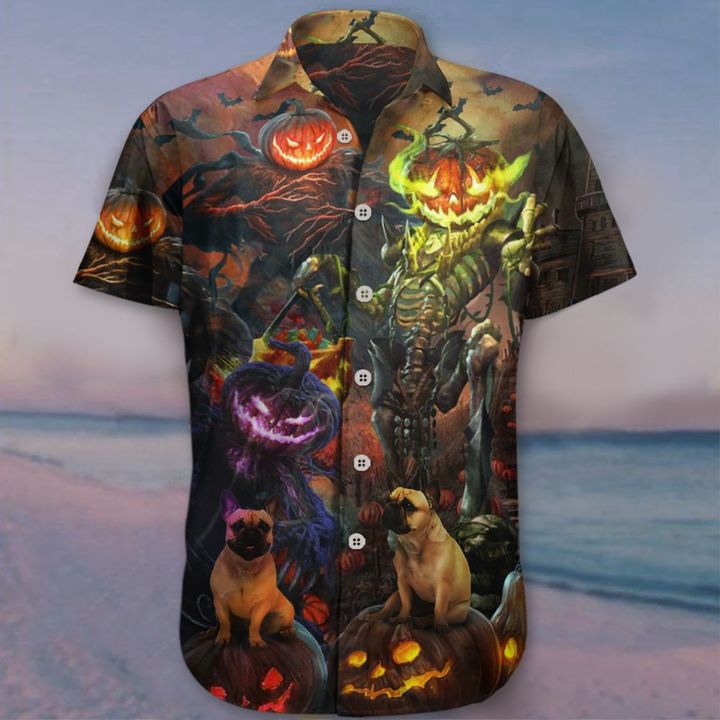 Frenchie Pumpkin King Halloween Hawaiian Shirt Clothing Halloween Themed Button Up Shirt Men