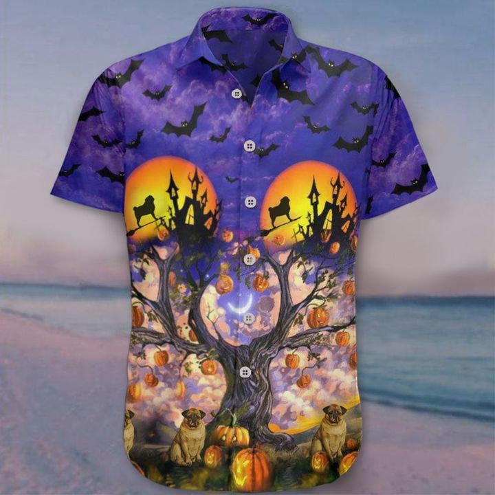 Pug Halloween Hawaiian Shirt Bat Pumpkin Tree Halloween Themed Button Up Shirt For Adults