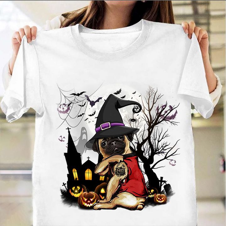 Pug Witch Halloween T-Shirt Cute Halloween Graphic Tee Shirt Gift For Friends Pug Lovers