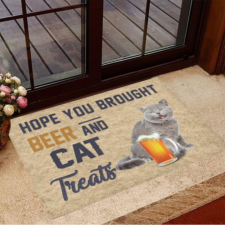 Hope You Brought Beer And Cat Treats Doormat Cat Welcome Mat Gifts For Beer Lovers