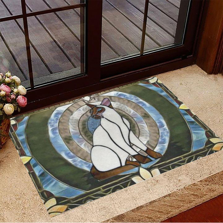 Siamese Is Sitting With Many Circular Patterns Doormat Cat Welcome Mat Gifts For Cat Lovers