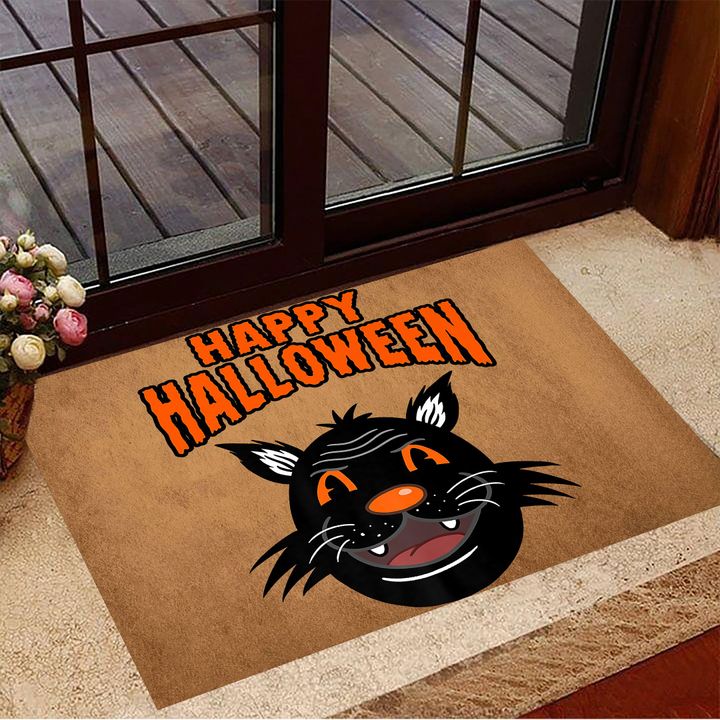 Big Cat Face Happy Halloween Doormat Funny Welcome Mats Black Cat Halloween Decor