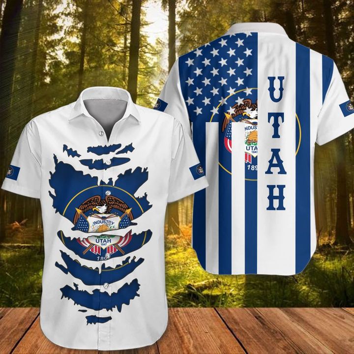 Utah Hawaiian Shirt Flag Utah State Apparel Clothing Patriotic Button Up Shirt