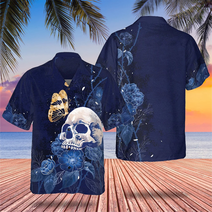 Artistic Gothic Skull With Butterfly Hawaii Shirt Blue Peony Flowers Goth Hawaiian Shirt Men's