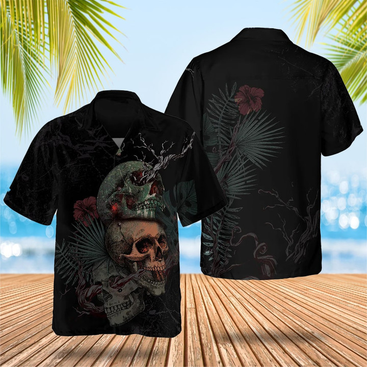 Artistic Gothic Skull With Flowers Goth Hawaiian Shirt Black Button Up Shirt Men