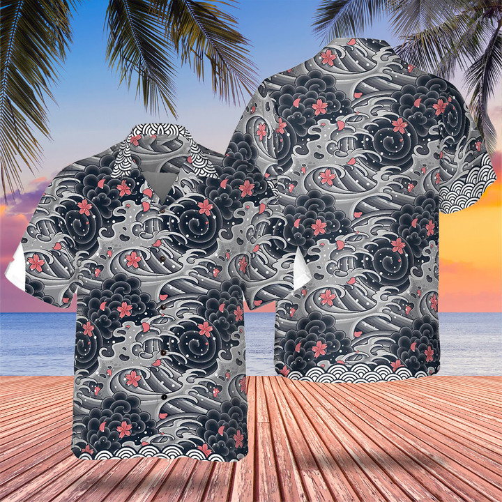 Floral And Wave Hawaiian Shirt Mens Beach Button Up Best Gift For Male Best Friend