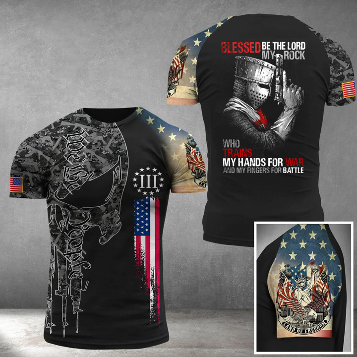 Blessed Be The Lord My Rock Shirt Gun Skull Land Of Freedom USA Flag T-Shirt Gun Lovers Gifts