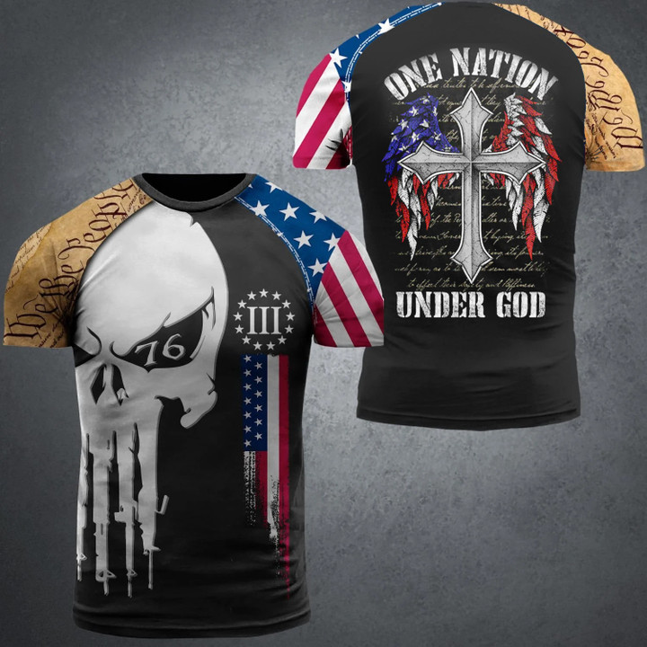 One Nation Under God Skull USA Flag Shirt We The People Apparel Patriotic Gifts For Christian
