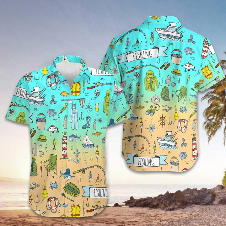 Fishing Pattern Hawaiian Shirt Beach Short Sleeve Button Down Gifts For Fishing Lovers