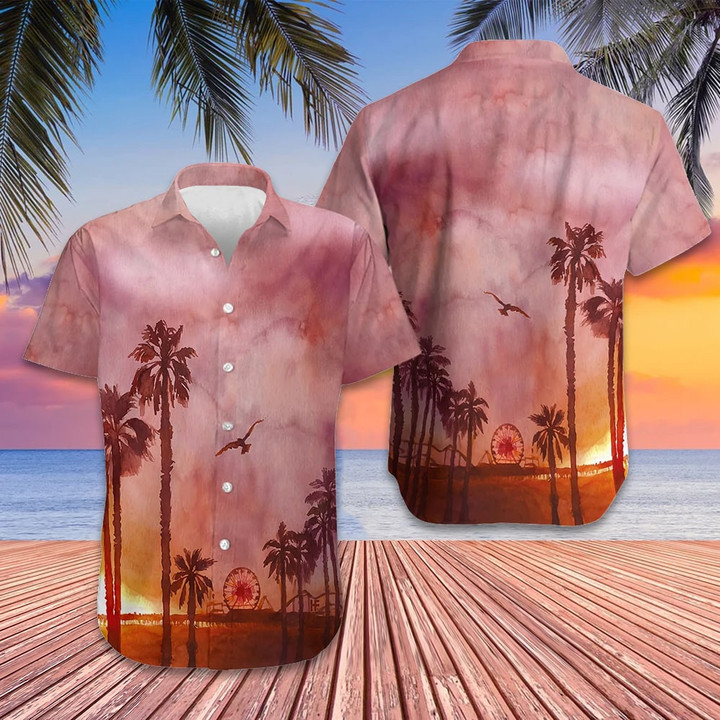 Sunset Santa Monica Pier Canvas Hawaiian Shirt Button Up Beach Shirts Men Gifts For Brother