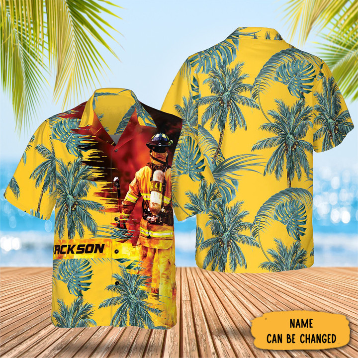 Custom Firefighter Palm Tree Yellow Hawaiian Shirt Tropical Button Down Shirt Firefighter Gifts