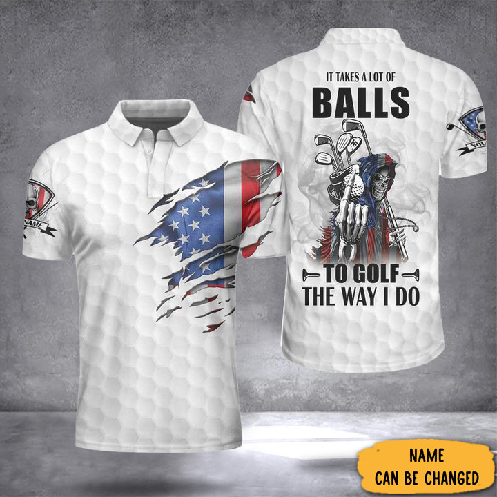 Custom It Takes A Lot Of Balls To Golf The Way I Do Polo Shirt USA Skeleton Golf Shirt Men's